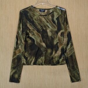 Jolie Joy Women's XL Sheer Mesh Top Green Rave Festival Party Edgy Layering Camo